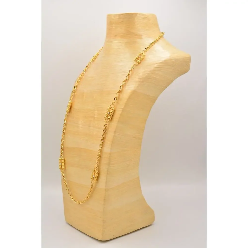 Vintage Station Chain Necklace Brushed Gold Rhinestone Crystal Linked 1980s 9J